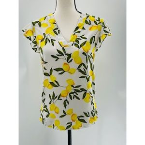Cooper & Ella Lemon Print V-Neck Ruffle Sleeve Top/ Blouse‎